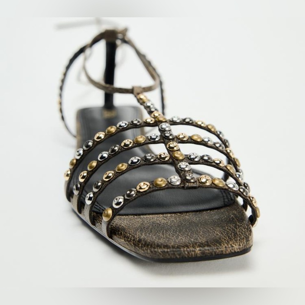 NWT ZARA LEATHER SQUARE TOE LACE UP SANDALS - Picture 4 of 11